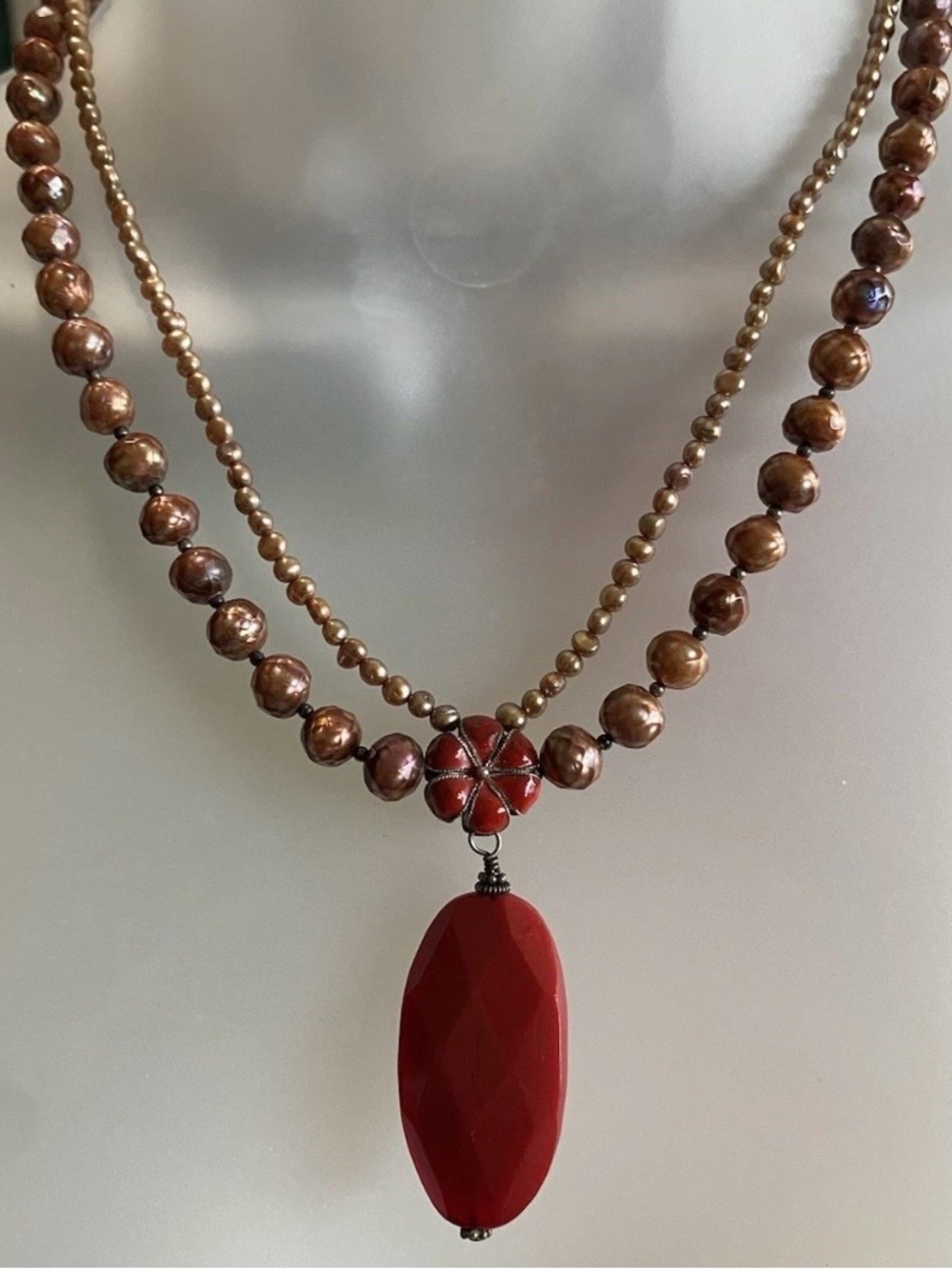 Vintage coral, freshwater Pearl & faceted bronze glass beads .925 boho necklace